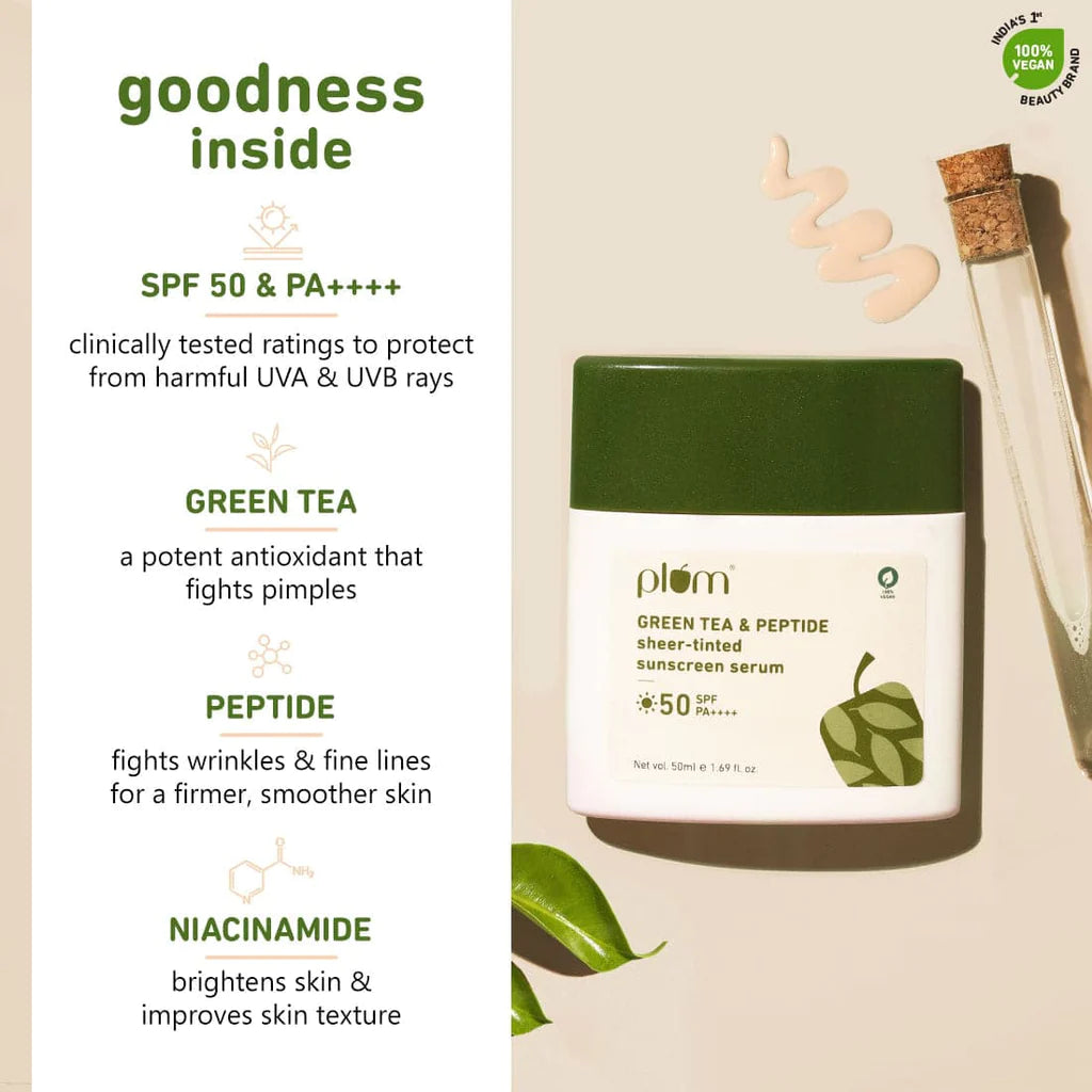 Green Tea & Peptide Sheer-tinted Sunscreen Serum with SPF 50 & PA++++ |   UVA & UVB Protection  |  Fights Pimples  |  Prevents Signs of Aging  |  Suits All Skin Tones