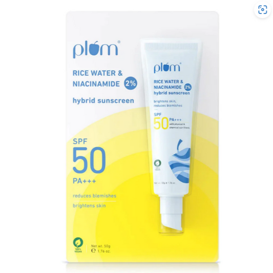 2% Niacinamide & Rice Water SPF 50 PA+++ Hybrid Sunscreen  |  Protects from UVA & UVB Rays  |  Fragrance-free  |  All Skin Types  |  100% Vegan