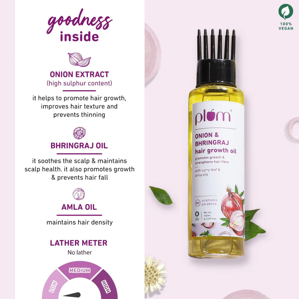 Onion & Bhringraj Hair Growth Oil  | With Curry Leaf and Amla Oils |  Promotes Growth, Strengthens Hair  | For All Hair Types | Silicone-Free  | Paraben-Free | 100% Vegan Available in: 100 ml