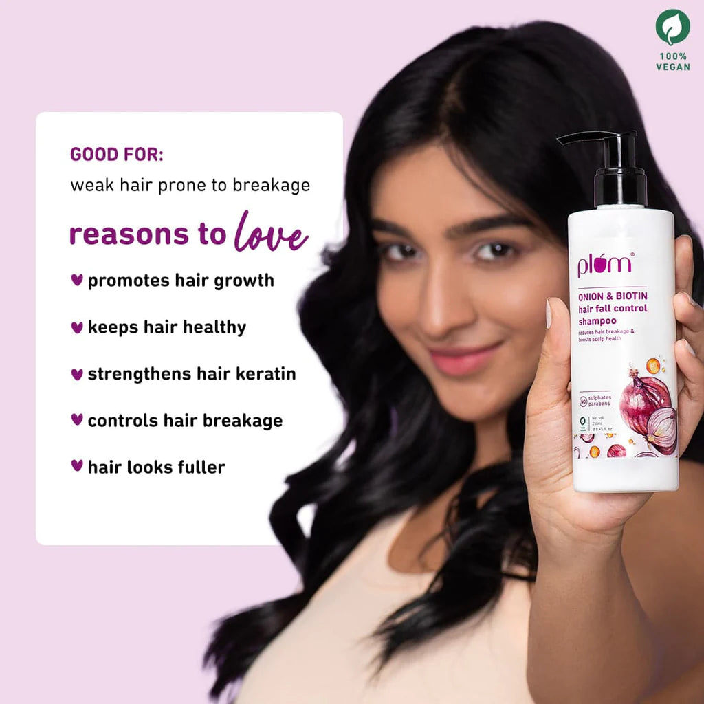 Onion & Biotin Hair Fall Control Shampoo| Reduces Breakage, Strengthens Hair & Boosts Scalp Health  |  For All Hair Types  |  Sulphate-Free |  Silicone-Free  |  Paraben-Free |  100% Vegan  Available in: 250 ml