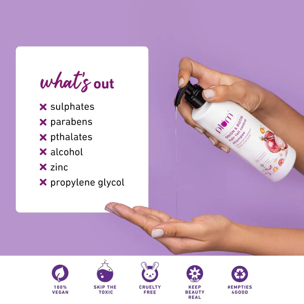 Onion & Biotin Hair Fall Control Shampoo| Reduces Breakage, Strengthens Hair & Boosts Scalp Health  |  For All Hair Types  |  Sulphate-Free |  Silicone-Free  |  Paraben-Free |  100% Vegan  Available in: 250 ml